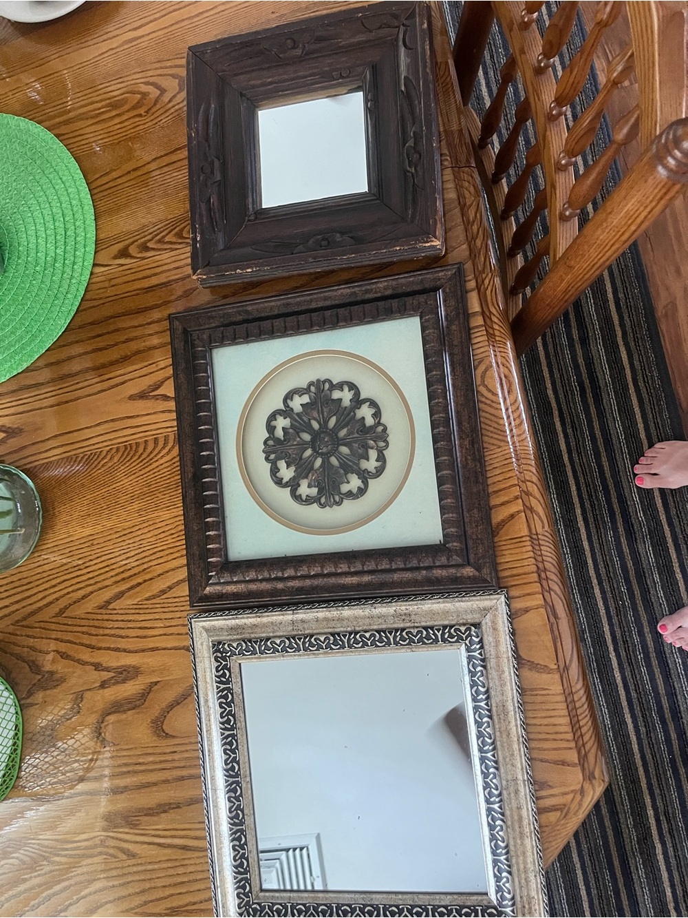 Decorative Wall Mirror and Medallion Frame Set in Brown and Silver